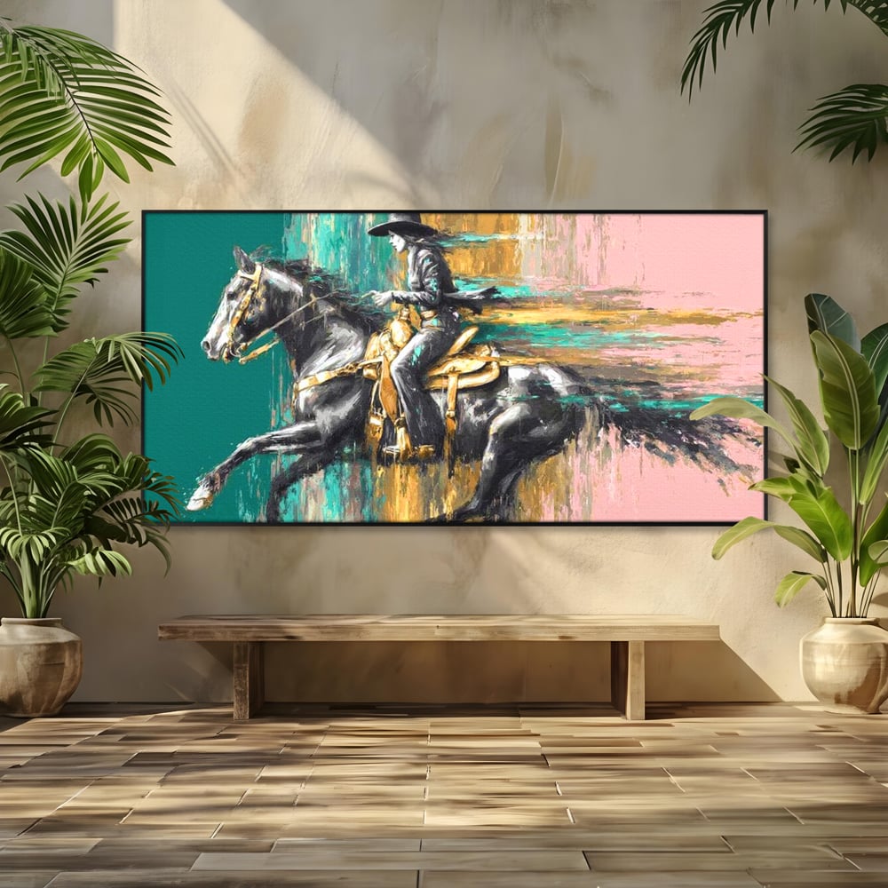 Tablou canvas cu pictura cu femeie calare pe armasar, in rama de aluminiu negru